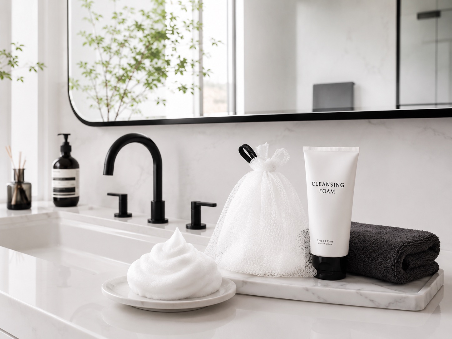 黒い蛇口とCLEANSING FOAM、泡立てネット、グレータオルのある洗面台